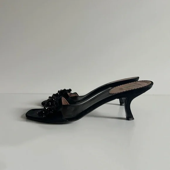 Vintage Prada Black Beaded Bow Slide Mule Kitten Heels Size EU 39.5 - Picture 5 of 11